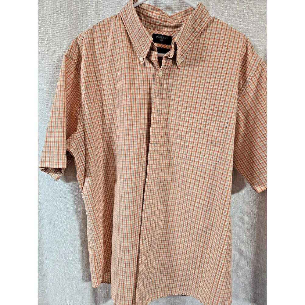 DOCKERS Short Sleeve Button-Down Shirt Men XLOrange Plaid Stain Defender